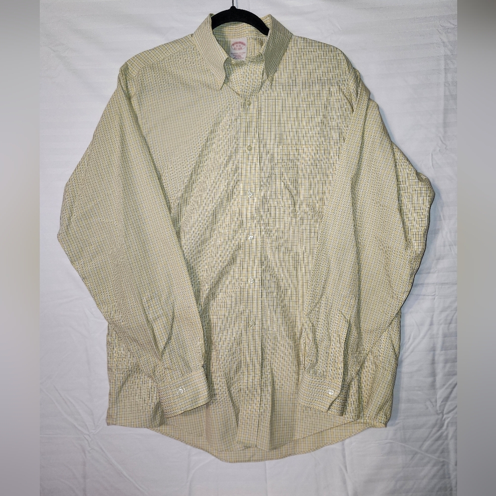 Brooks Brothers Mens 16-35 Yellow Green Plaid Button Down Shirt Non Iron 1818